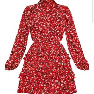 Red Floral Printed Frill Skater Shirt Dress